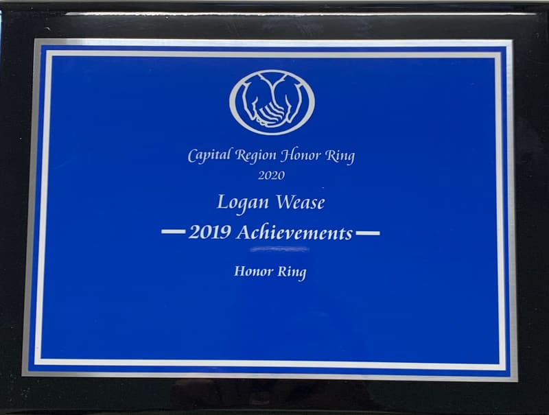 Capital Region Honor Ring plaque recognizing Logan Wease's 2019 achievements